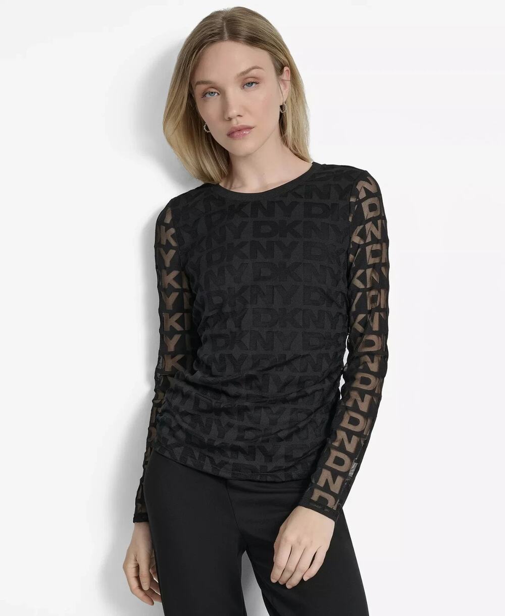 DKNY Cami Blouse Women XS Black Sheer Mesh Monogram Print Long Sleeve Ruched NWT
